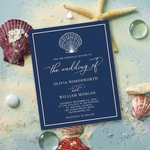 Budget Beach Seashell Wedding Invite Navy Blue Flyer