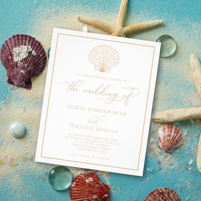 Budget Beach Seashell Wedding Invite White Beige Flyer (Creator Uploaded)