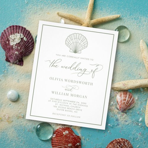 Budget Beach Shell Wedding Invitation Sage Green Flyer