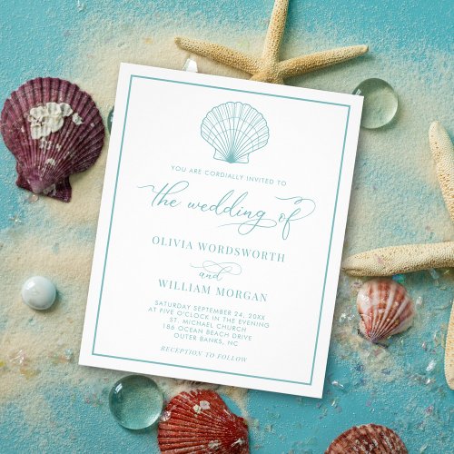 Budget Beach Shell Wedding Invite Sea Glass Blue Flyer