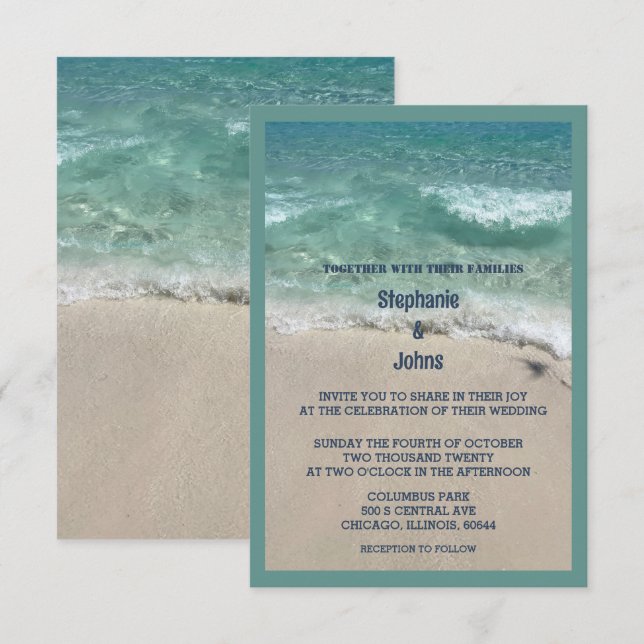 Budget Beach Teal Turquoise Sandy Ocean Wedding Invitation (Front/Back)