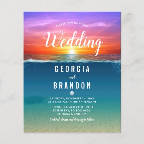 Budget Beach Tropical Wedding Invitation - Budget beach destination wedding invitations featuring a beautiful sunset, the tropical ocean, underwater seabed, and a modern wedding template.