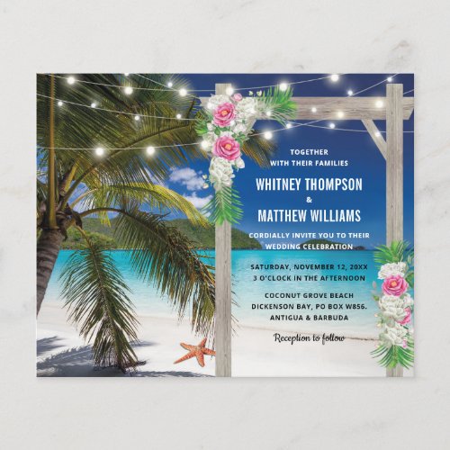 Budget Beach Tropical Wedding Invitation - Budget beach destination wedding invitations featuring a tropical paradise sandy beach setting, starfish, elegant string twinkle lights, a palm tree, a floral wooden arbor and a modern wedding template. 