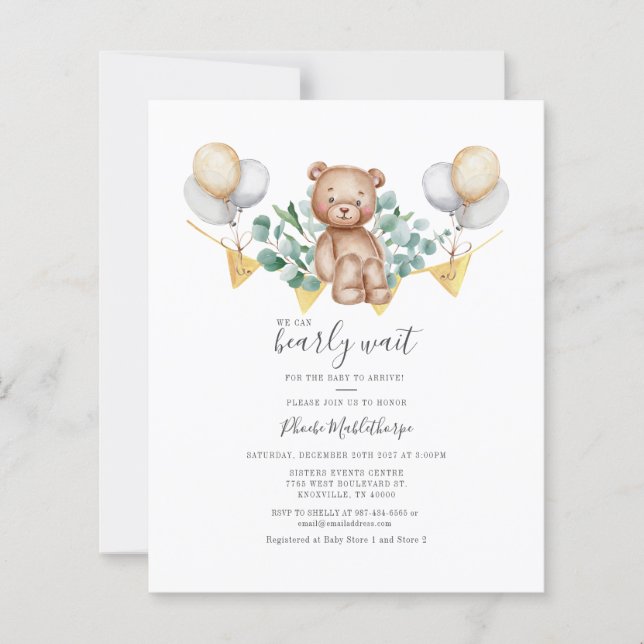 Budget Bear Baby Shower Eucalyptus Invitation (Front)
