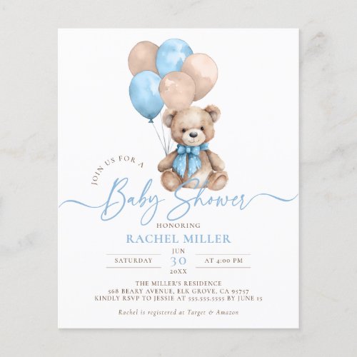 Budget Bear Balloon Blue Boy Baby Shower Invite