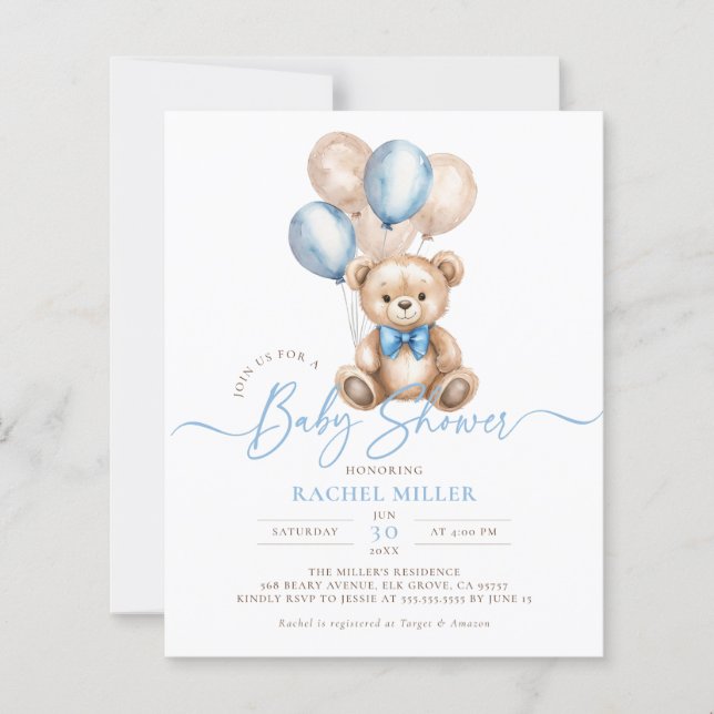 Budget Bear Balloons Blue Boy Baby Shower Invite (Front)