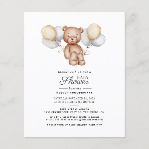 Budget Bear Balloons Script Baby Shower Invitation