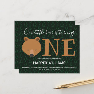 Budget Bear Pine Baby First Birthday Invitation