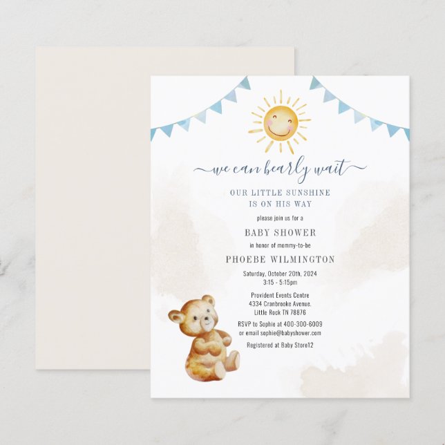 Budget Bear  Sunshine Boys Baby Shower Invitation (Front/Back)