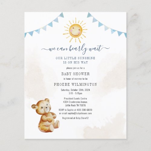 Budget Bear  Sunshine Boys Baby Shower Invitation Flyer