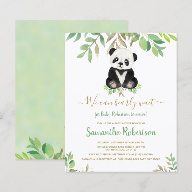 Budget Bear Watercolor Leaf Baby Shower Invitation (Front/Back)
