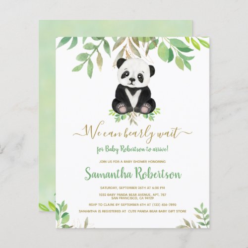 Budget Bear Watercolor Leaf Baby Shower Invitation