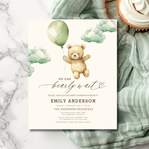 We Can Bearly Wait Green baby shower invitation