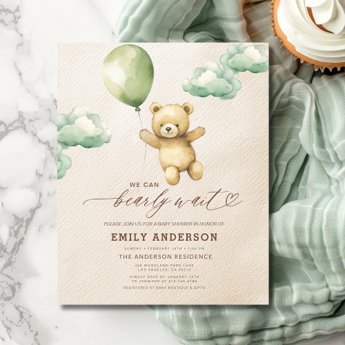 We Can Bearly Wait Green baby shower invitation