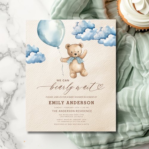 We Can Bearly Wait Blue baby shower invitation