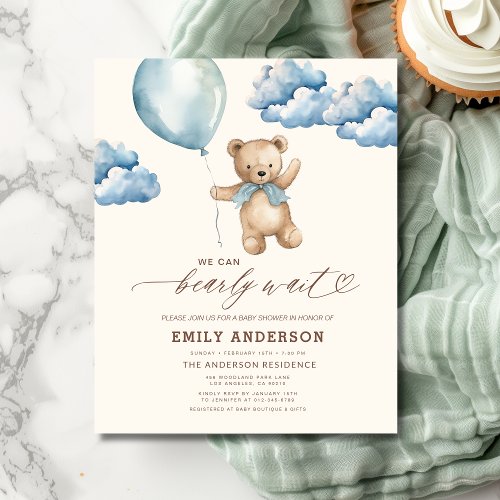 We Can Bearly Wait Blue baby shower invitation