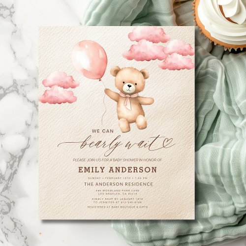 We Can Bearly Wait Pink baby shower invitation