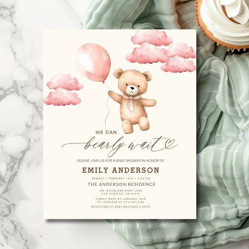 We Can Bearly Wait Pink baby shower invitation