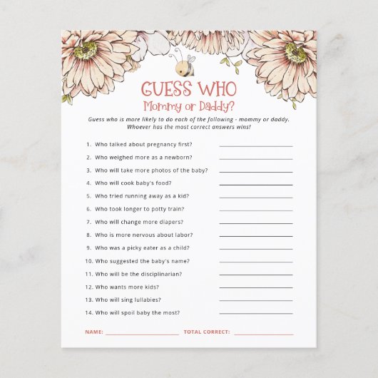 Budget Bee Guess Who Mom or Dad Baby Shower Game (Front)