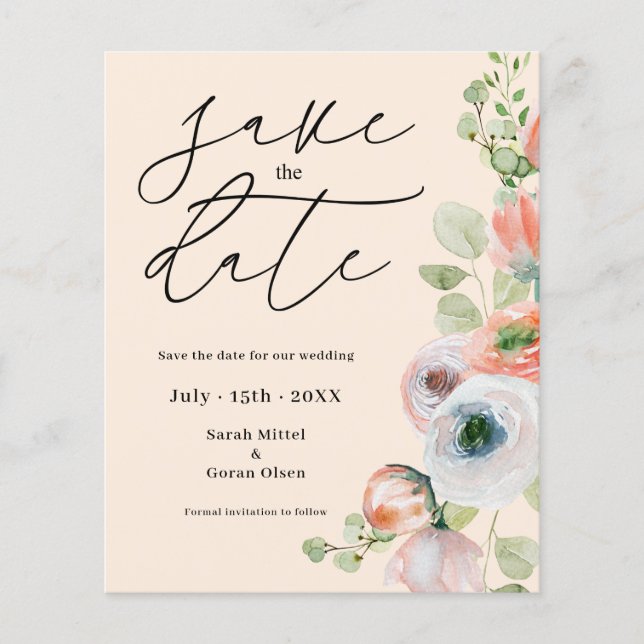 Budget Beige Coral Floral Save the date Card (Front)