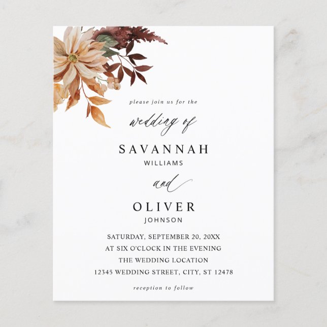 Budget Beige Fall Floral Wedding Flyer (Front)