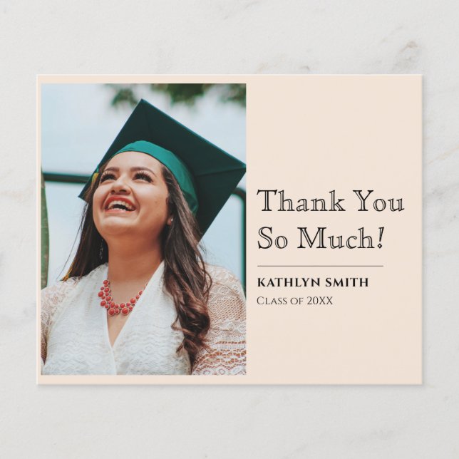 BUDGET Beige Modern Script Photo Grad Thank You Flyer (Front)