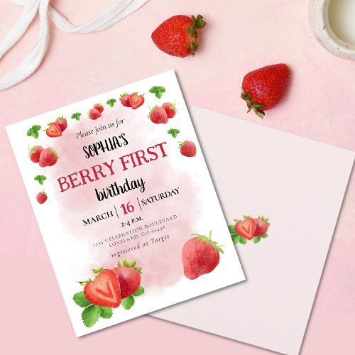 Budget Berry 1st Strawberry Birthday Party Invite