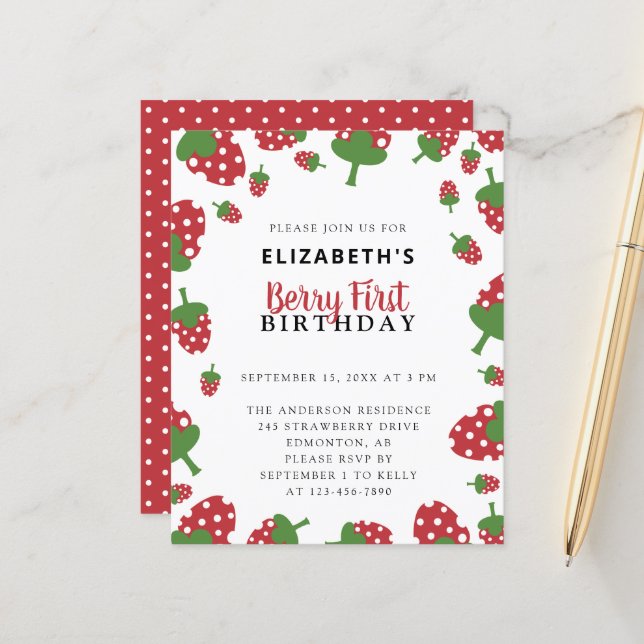 Budget Berry First Birthday Cute Strawberry Girl (Front/Back In Situ)