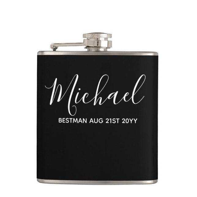 BUDGET Bestman Groomsman GIFTS Classic Black Flask (Front)
