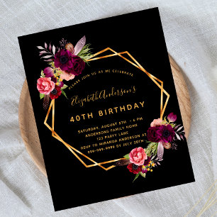 Budget birthday black burgundy florals gold geo