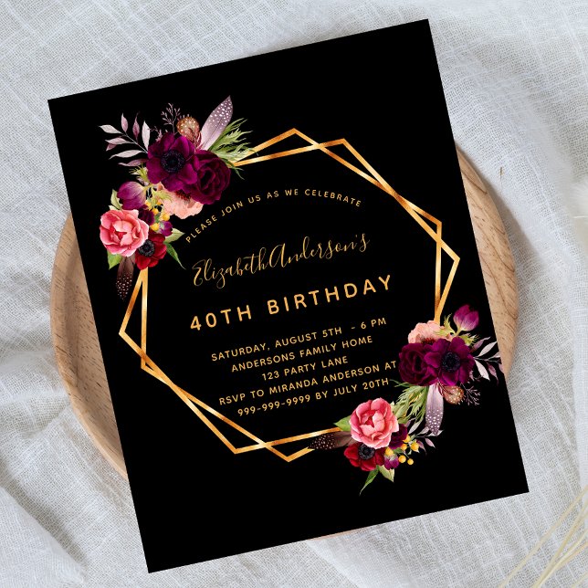 Budget birthday black burgundy florals gold geo (Creator Uploaded)