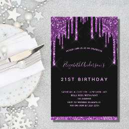 Budget birthday black glitter purple invitation