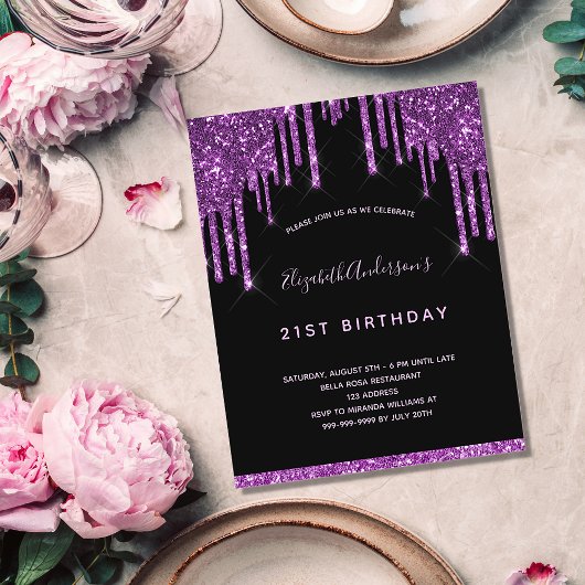 Budget birthday black glitter purple invitation