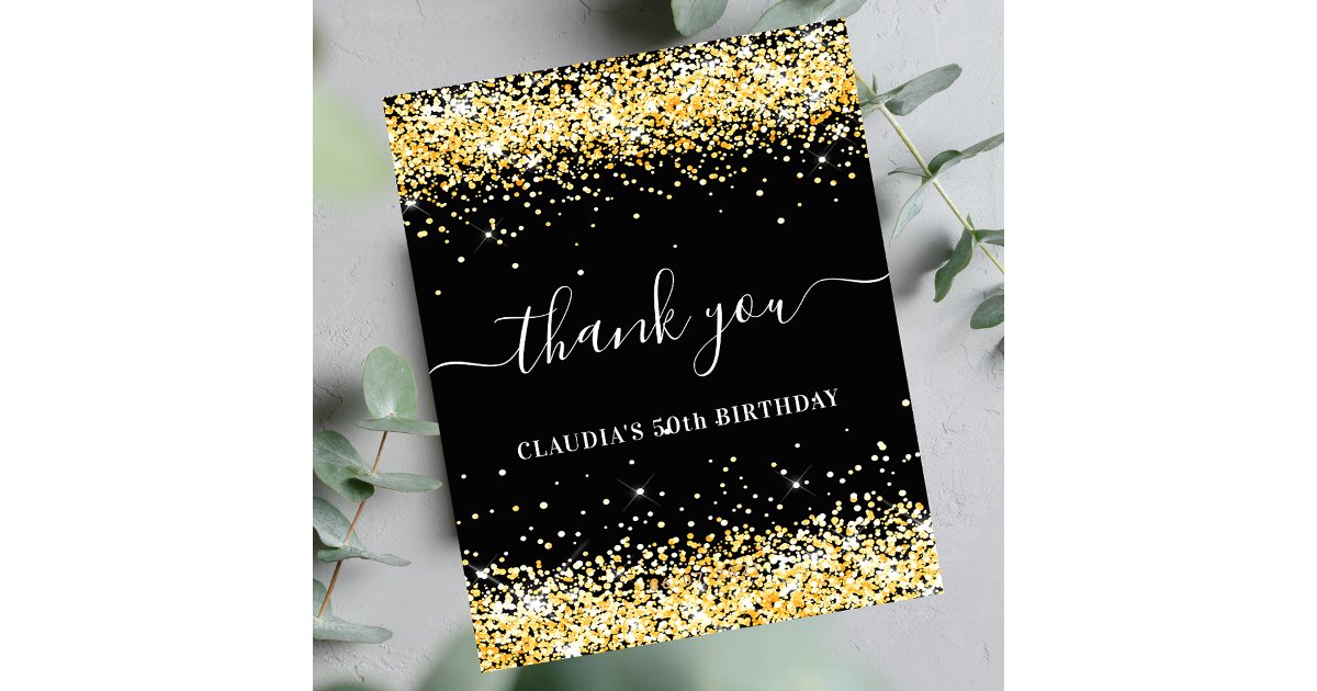 Budget Birthday black gold glitter thank you | Zazzle