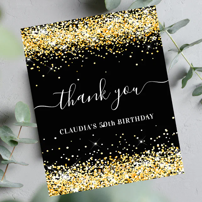 Budget Birthday black gold glitter thank you | Zazzle