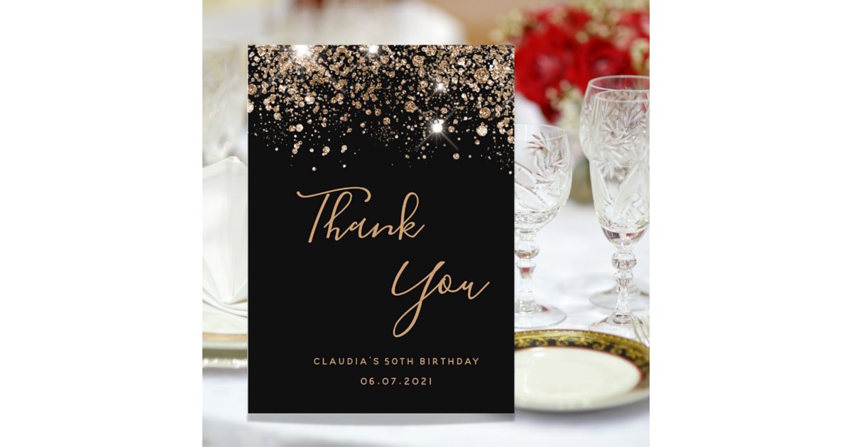 Budget Birthday black gold glitter thank you card | Zazzle