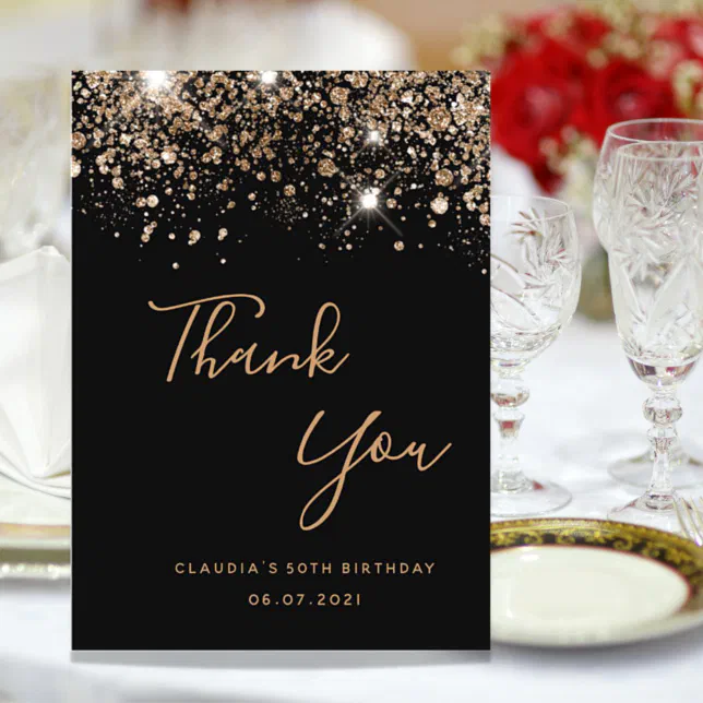 Budget Birthday black gold glitter thank you card | Zazzle