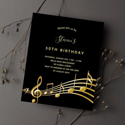 BUDGET Birthday black gold music notes invitation
