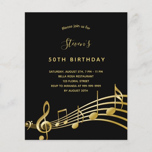 BUDGET Birthday black gold music notes invitation (Front)