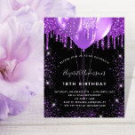 Budget birthday black purple balloons invitation<br><div class="desc">For an elegant 18th (or any age) birthday.  A stylish black background. Decorated with purple faux glitter and balloons.  Personalize and add a name,  age and party details. The name is written with a hand lettered style script</div>