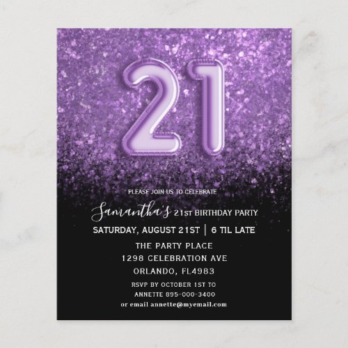 Budget Birthday Black  Purple Glitter Invitation