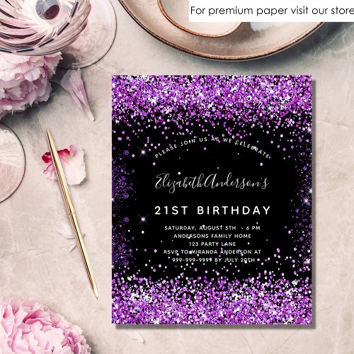 Budget birthday black purple glitter invitation
