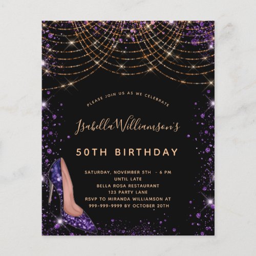 Budget birthday black purple glitter invitation