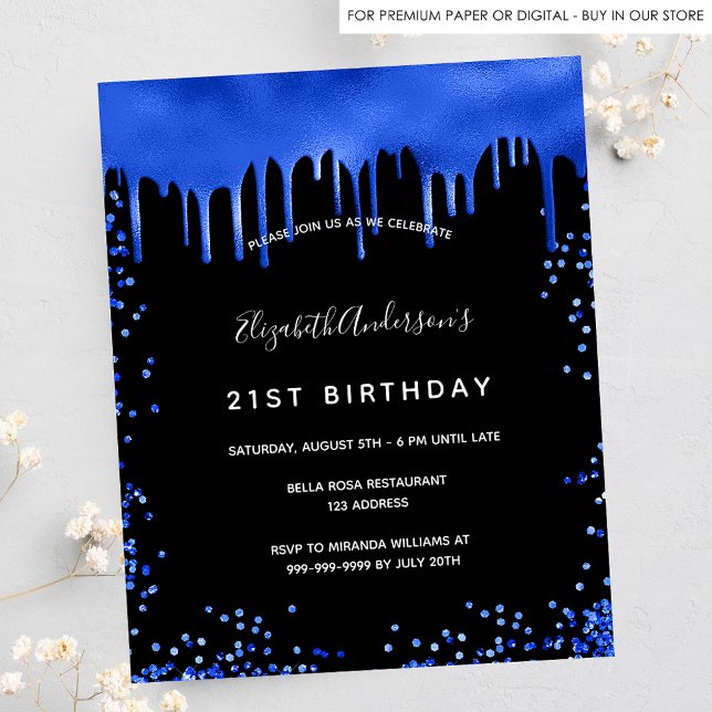 Budget birthday black royal blue invitation (Creator Uploaded)