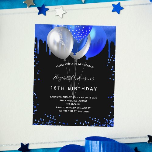 Budget birthday black royal blue photo invitation