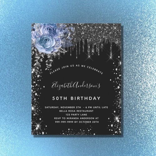Budget birthday black silver glitter blue floral