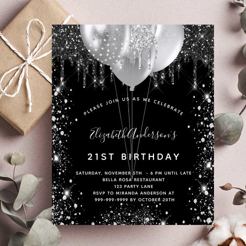 Budget birthday black silver glitter invitation