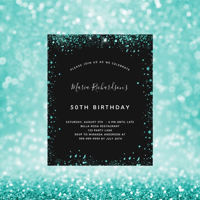 Budget birthday black teal green invitation (Creator Uploaded)