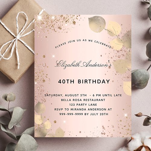 Budget birthday blush eucalyptus gold invitation