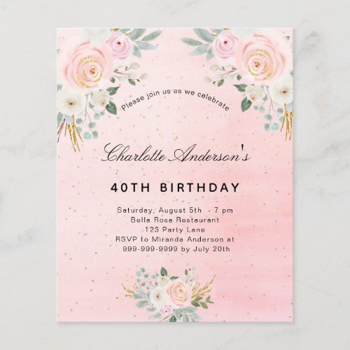 Budget birthday blush pink floral invitation
